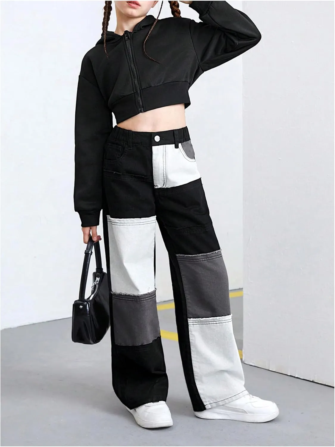 WDIRARA Girl's Color Block Wide Leg Jeans Raw Trim Baggy Denim Pants High Waisted Trousers