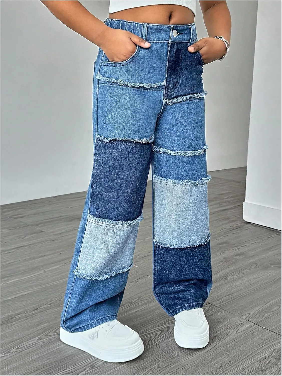 WDIRARA Girl's Color Block Wide Leg Jeans Raw Trim Baggy Denim Pants High Waisted Trousers
