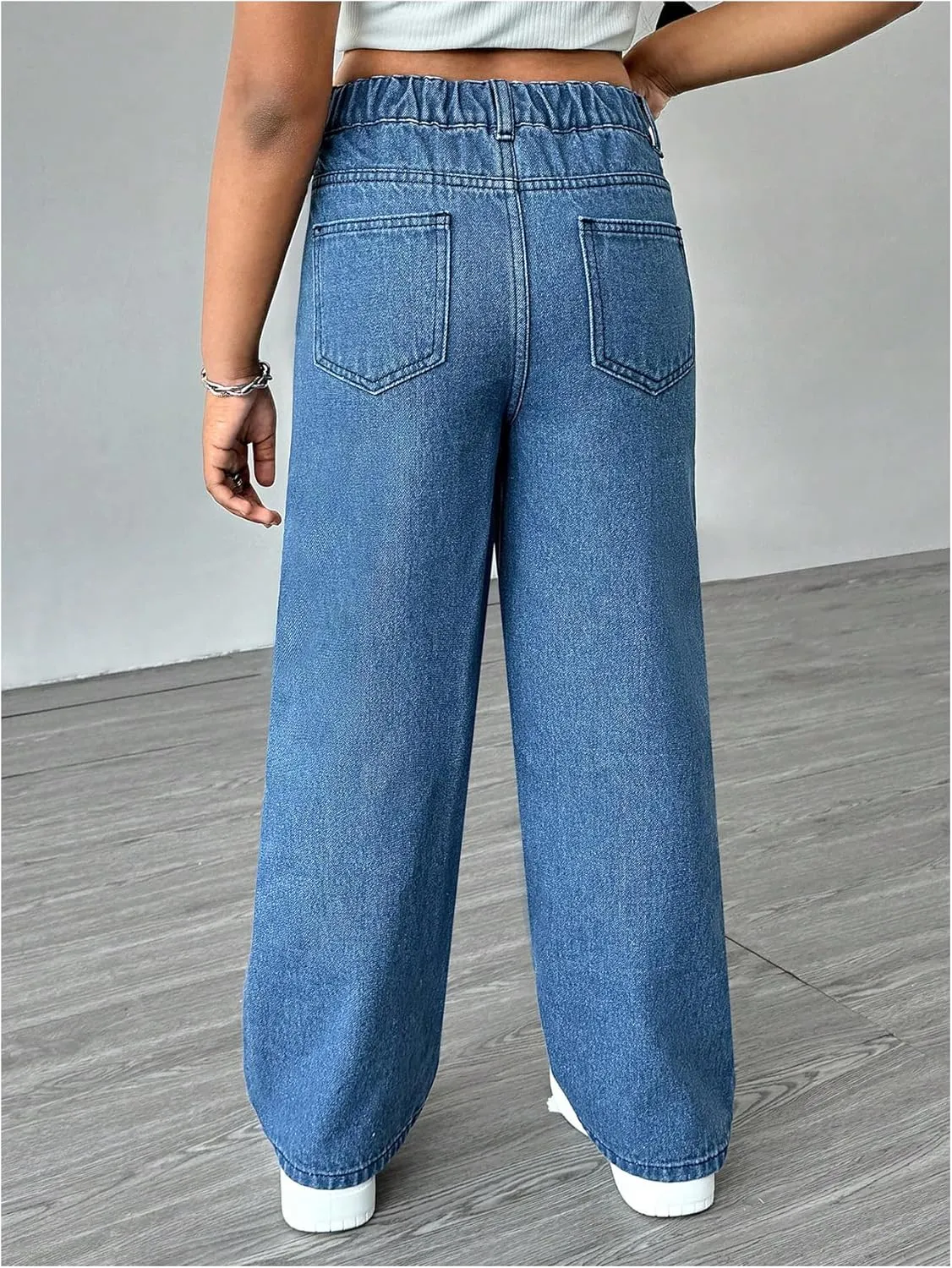 WDIRARA Girl's Color Block Wide Leg Jeans Raw Trim Baggy Denim Pants High Waisted Trousers