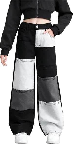 WDIRARA Girl's Color Block Wide Leg Jeans Raw Trim Baggy Denim Pants High Waisted Trousers