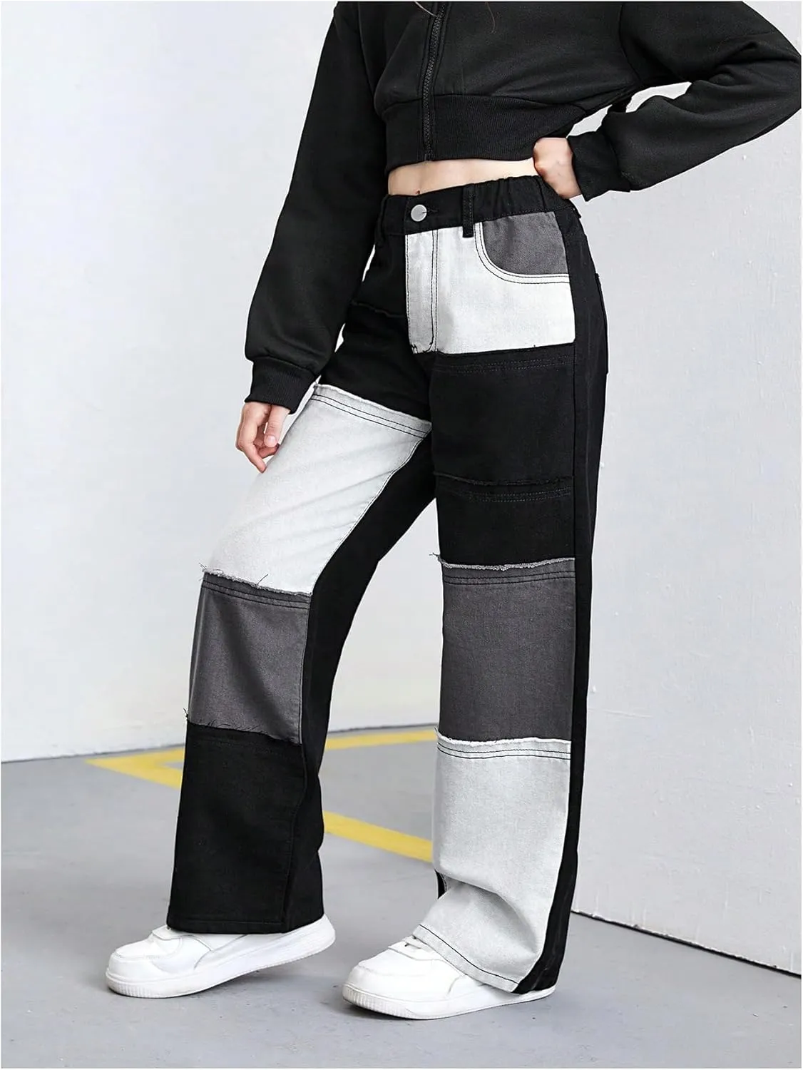 WDIRARA Girl's Color Block Wide Leg Jeans Raw Trim Baggy Denim Pants High Waisted Trousers