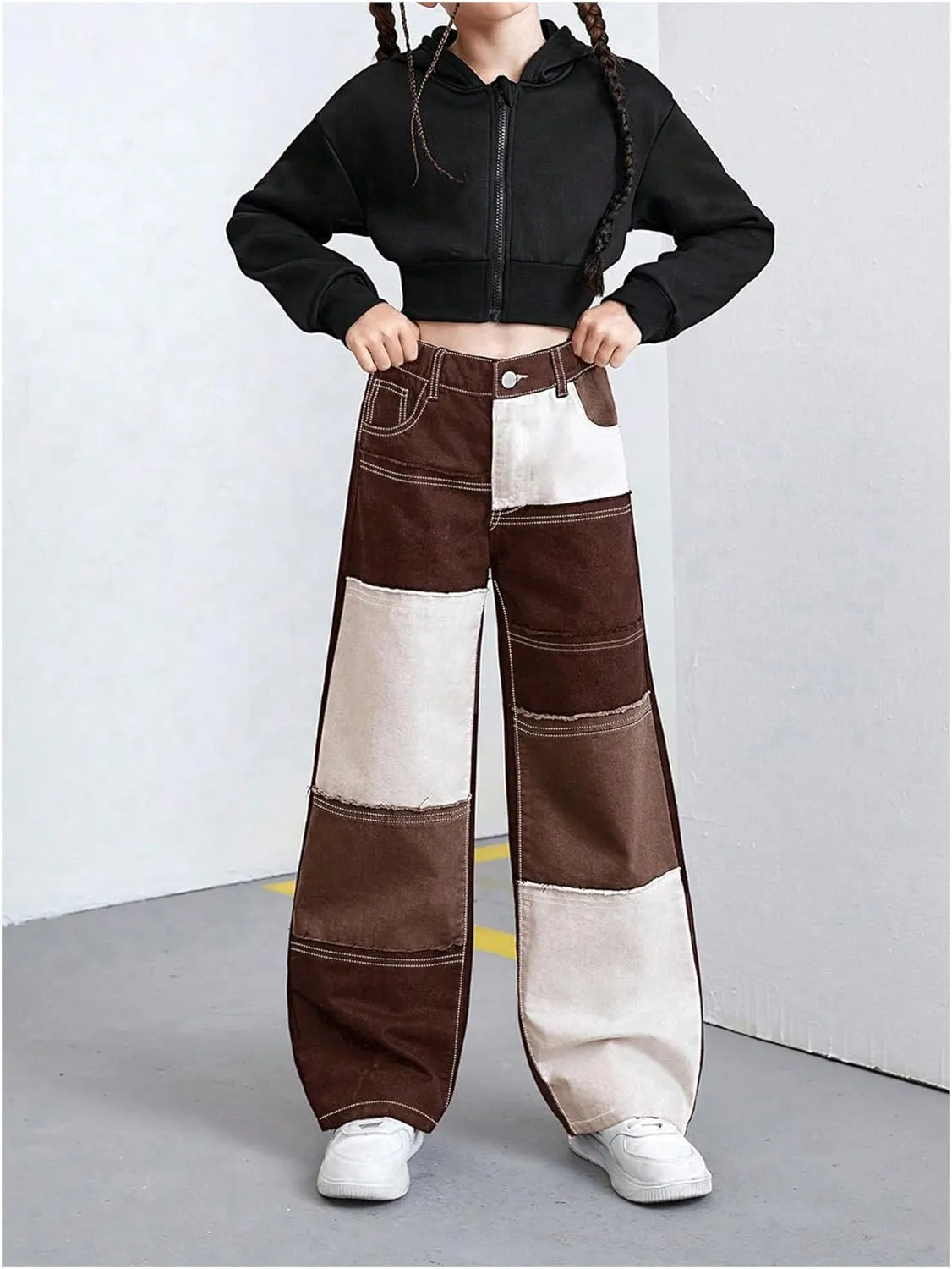 WDIRARA Girl's Color Block Wide Leg Jeans Raw Trim Baggy Denim Pants High Waisted Trousers