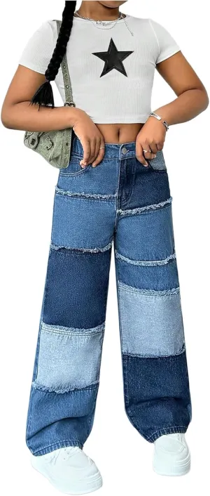 WDIRARA Girl's Color Block Wide Leg Jeans Raw Trim Baggy Denim Pants High Waisted Trousers