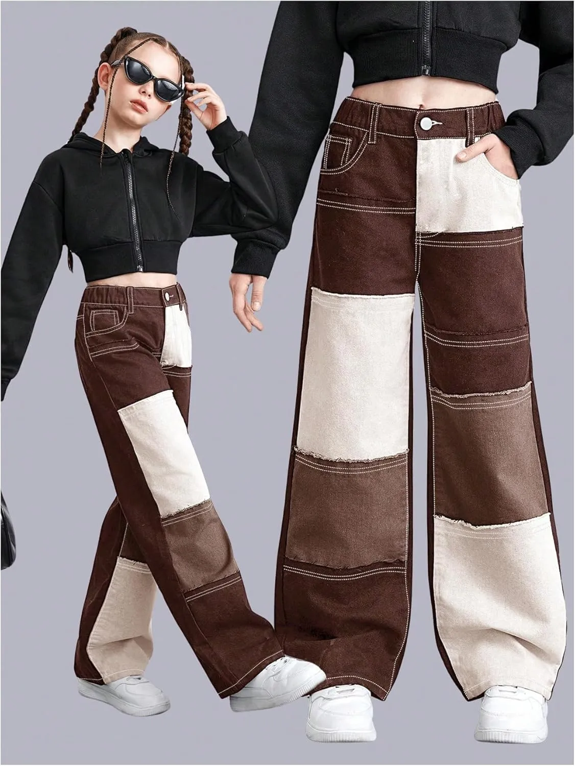 WDIRARA Girl's Color Block Wide Leg Jeans Raw Trim Baggy Denim Pants High Waisted Trousers