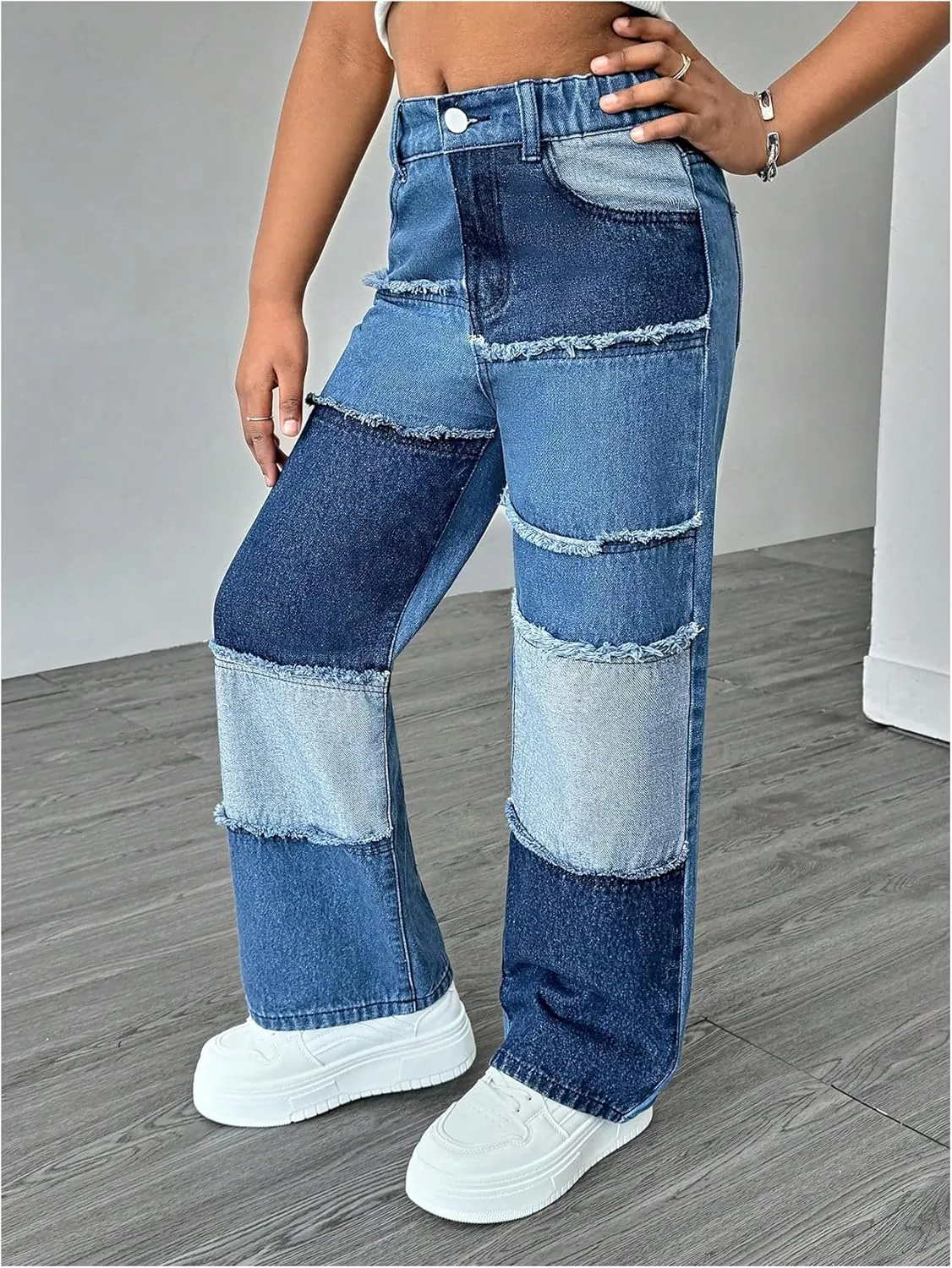 WDIRARA Girl's Color Block Wide Leg Jeans Raw Trim Baggy Denim Pants High Waisted Trousers