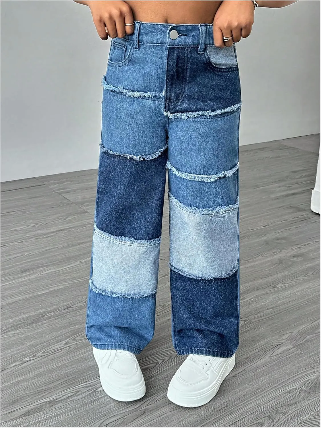 WDIRARA Girl's Color Block Wide Leg Jeans Raw Trim Baggy Denim Pants High Waisted Trousers