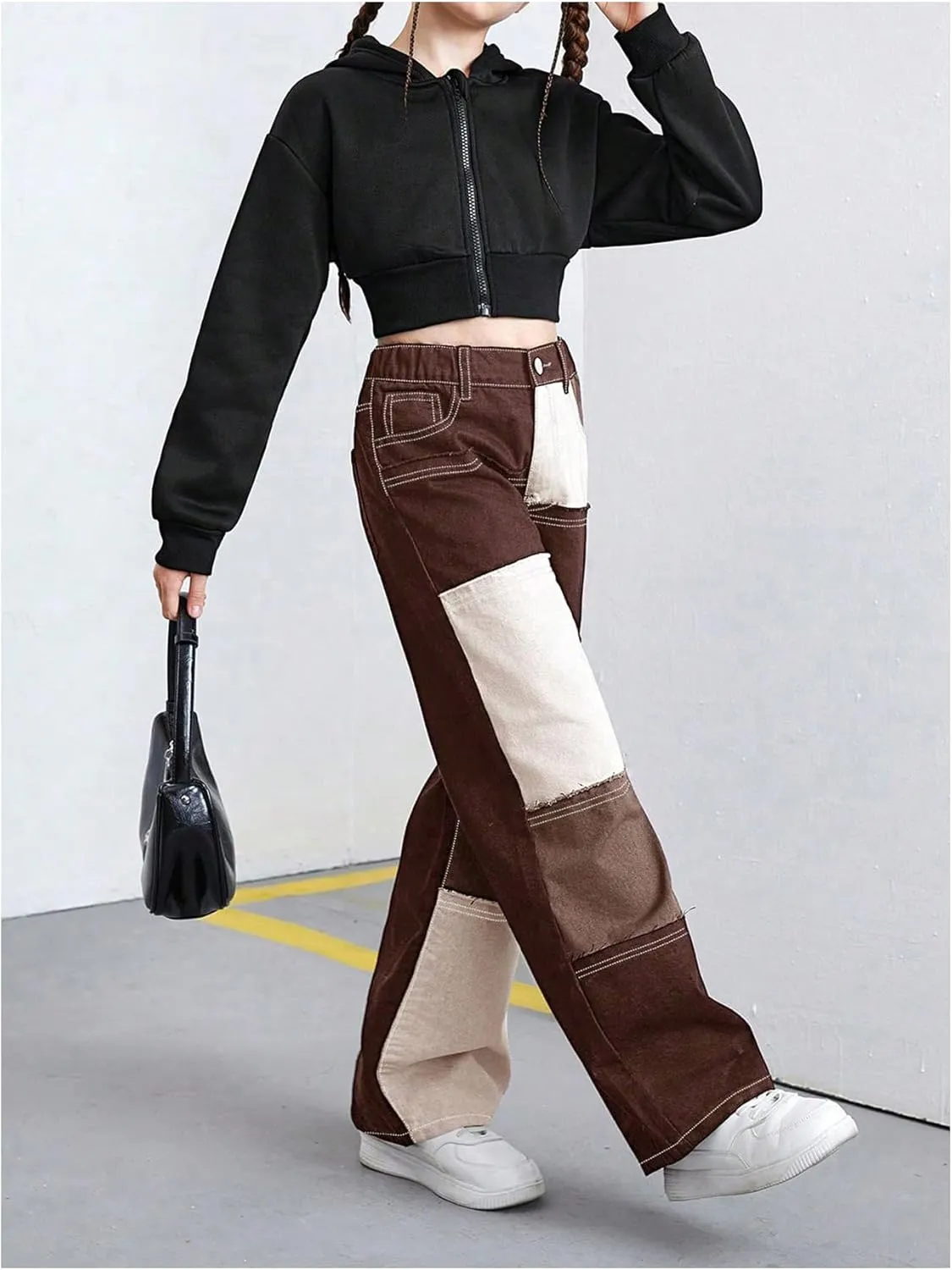 WDIRARA Girl's Color Block Wide Leg Jeans Raw Trim Baggy Denim Pants High Waisted Trousers