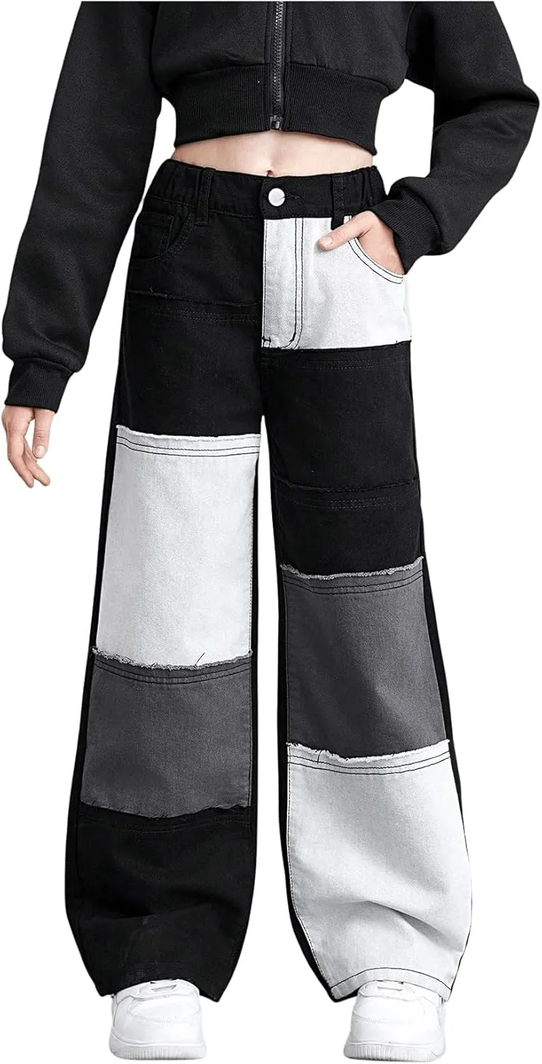 WDIRARA Girl's Color Block Wide Leg Jeans Raw Trim Baggy Denim Pants High Waisted Trousers