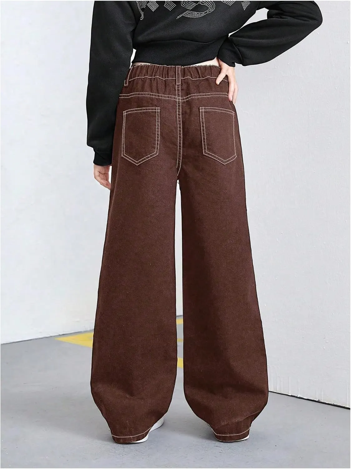 WDIRARA Girl's Color Block Wide Leg Jeans Raw Trim Baggy Denim Pants High Waisted Trousers