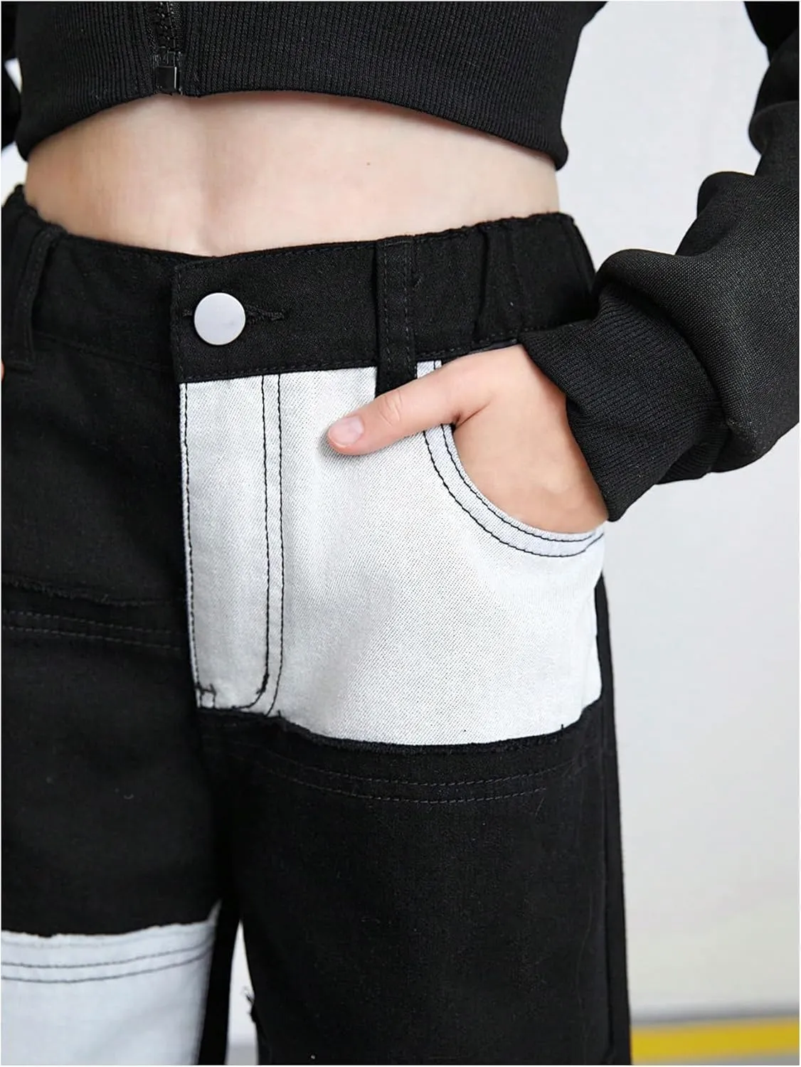 WDIRARA Girl's Color Block Wide Leg Jeans Raw Trim Baggy Denim Pants High Waisted Trousers