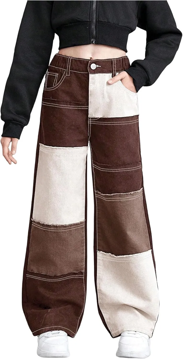 WDIRARA Girl's Color Block Wide Leg Jeans Raw Trim Baggy Denim Pants High Waisted Trousers