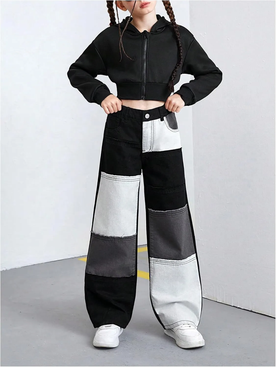 WDIRARA Girl's Color Block Wide Leg Jeans Raw Trim Baggy Denim Pants High Waisted Trousers