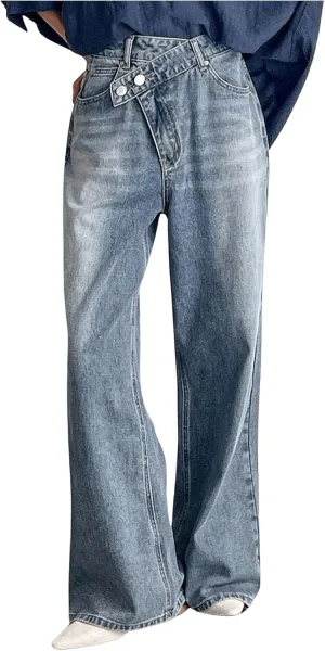 WDIRARA Women's Straight Leg Baggy Jeans Cross Waistband Mid Rise Denim Pants with Pockets