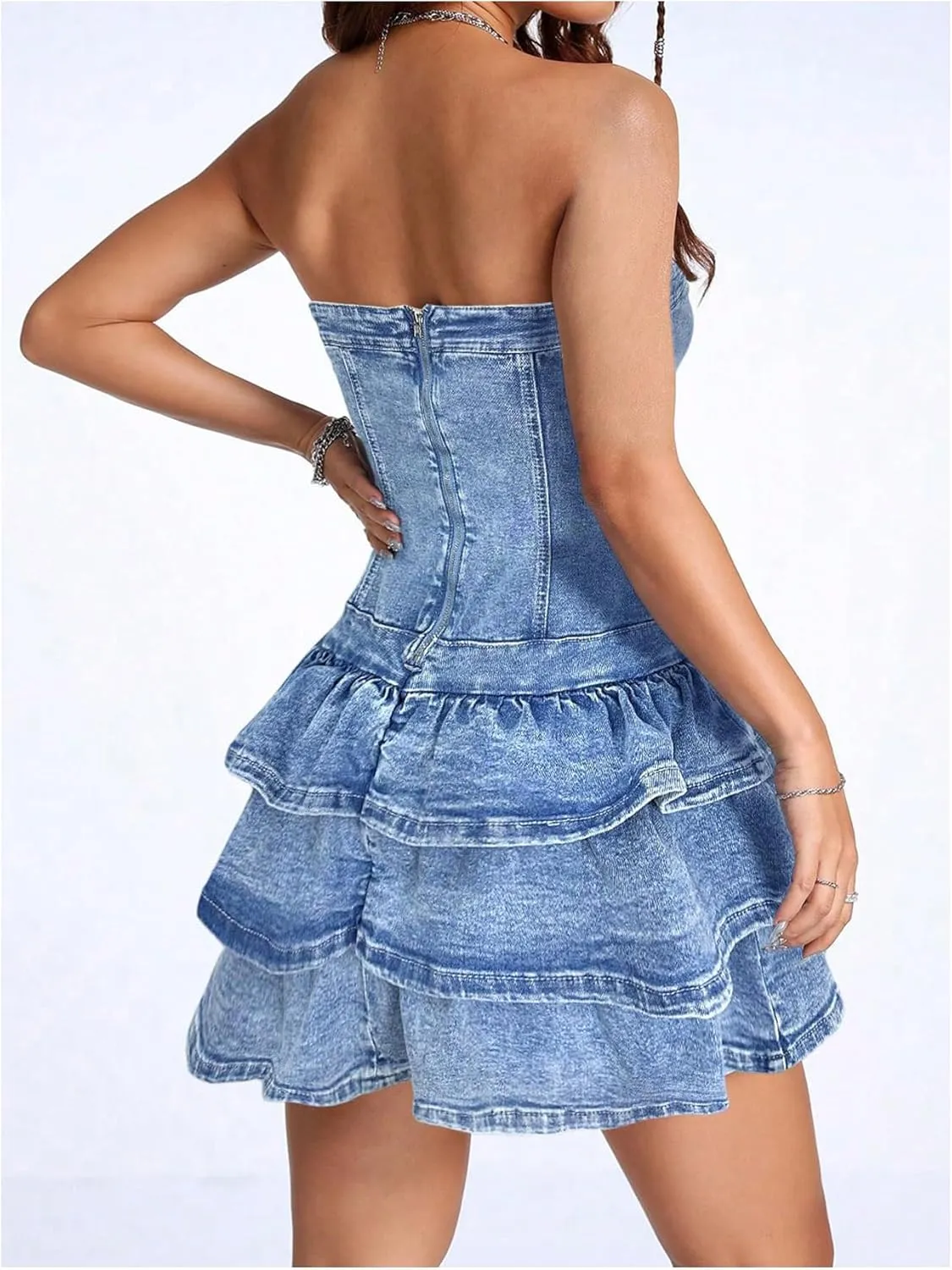 WDIRARA Women's Strapless Layered Ruffle Denim Dress Bandeau Slim Fit Mini Dresses