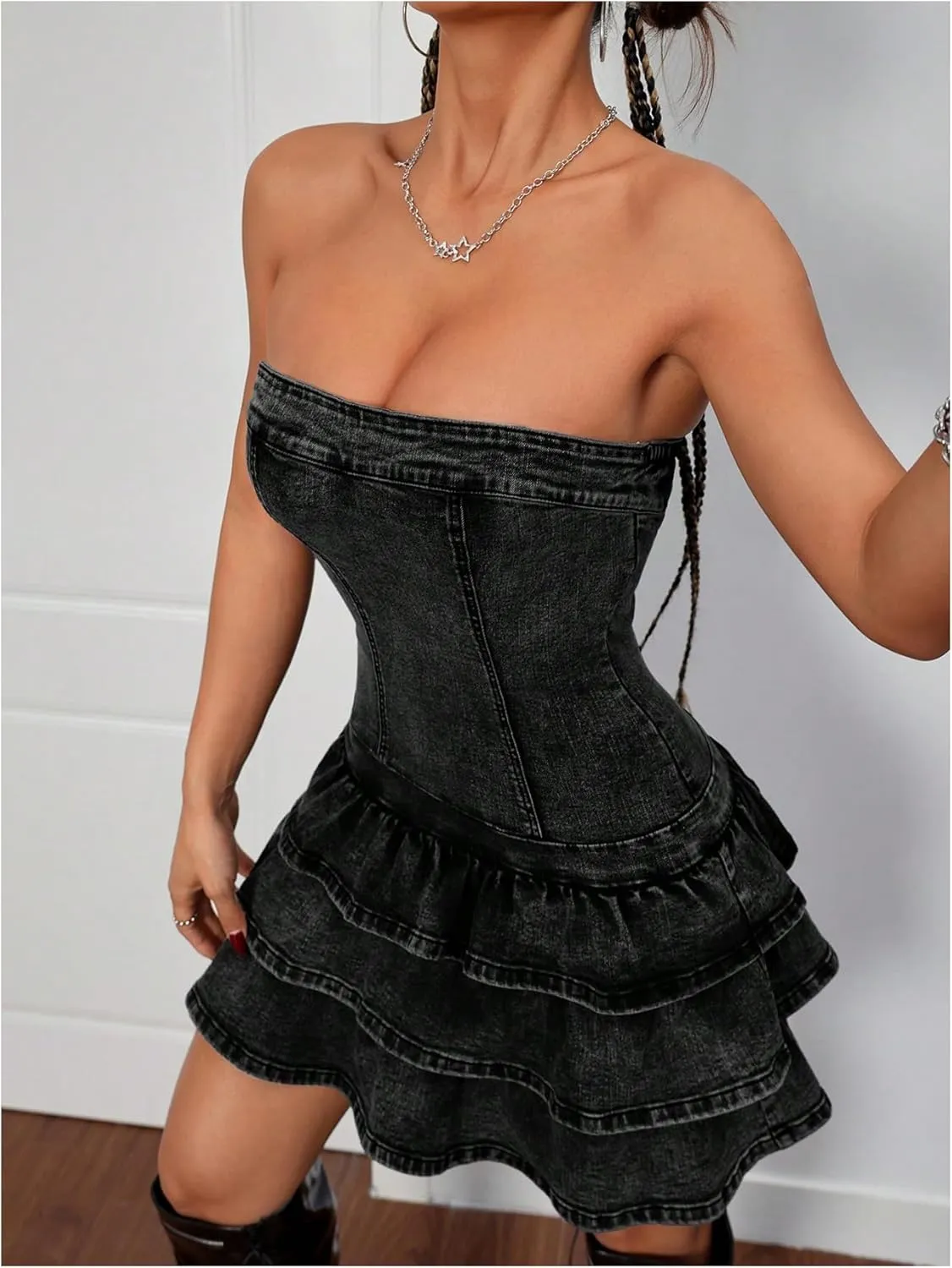 WDIRARA Women's Strapless Layered Ruffle Denim Dress Bandeau Slim Fit Mini Dresses