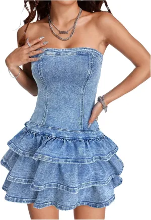 WDIRARA Women's Strapless Layered Ruffle Denim Dress Bandeau Slim Fit Mini Dresses
