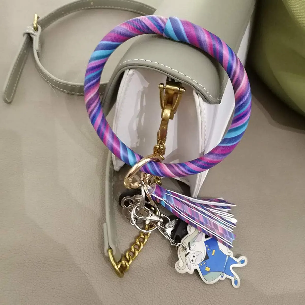 Weixiltc Large Keychain Bracelet with Tassel, Circle Leather Wristlet Key Ring for Women, Bangle Key Chains Holder for Girls