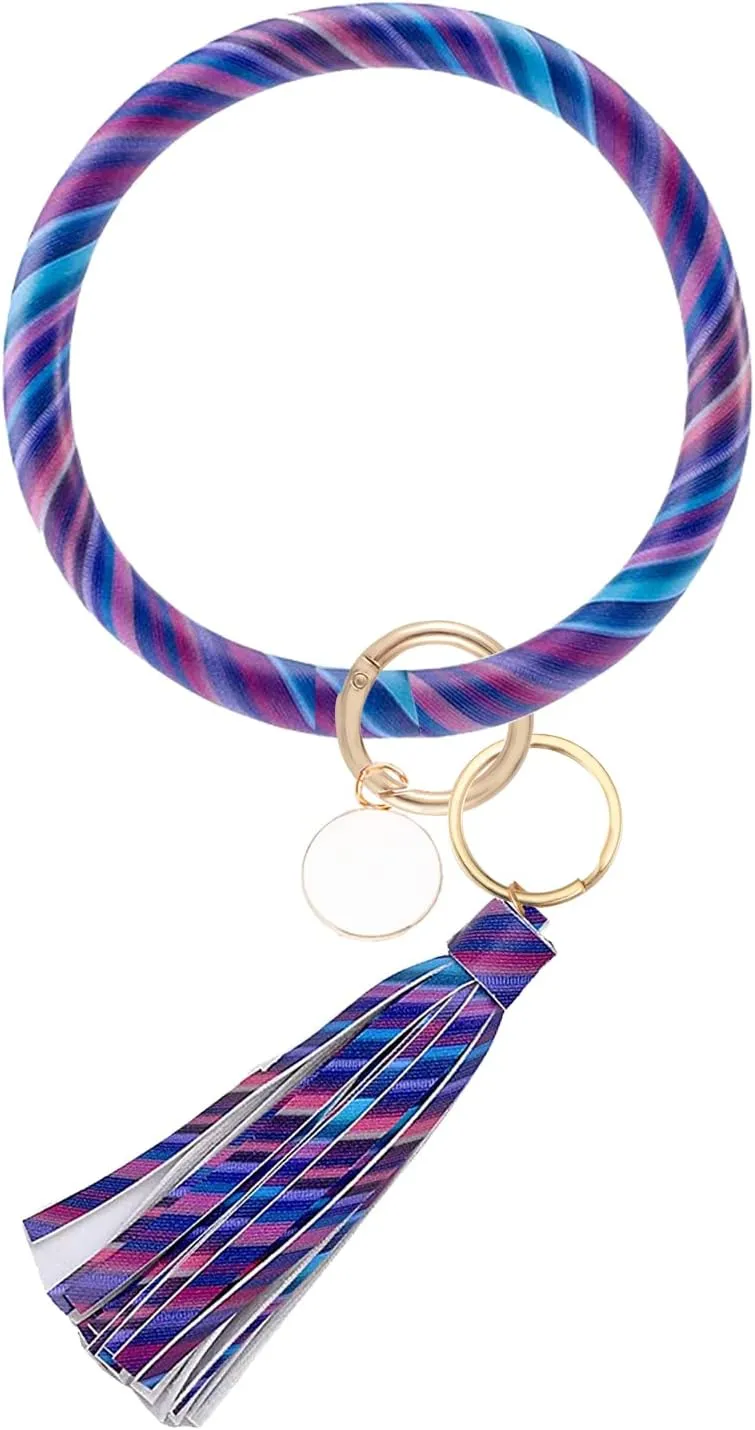 Weixiltc Large Keychain Bracelet with Tassel, Circle Leather Wristlet Key Ring for Women, Bangle Key Chains Holder for Girls