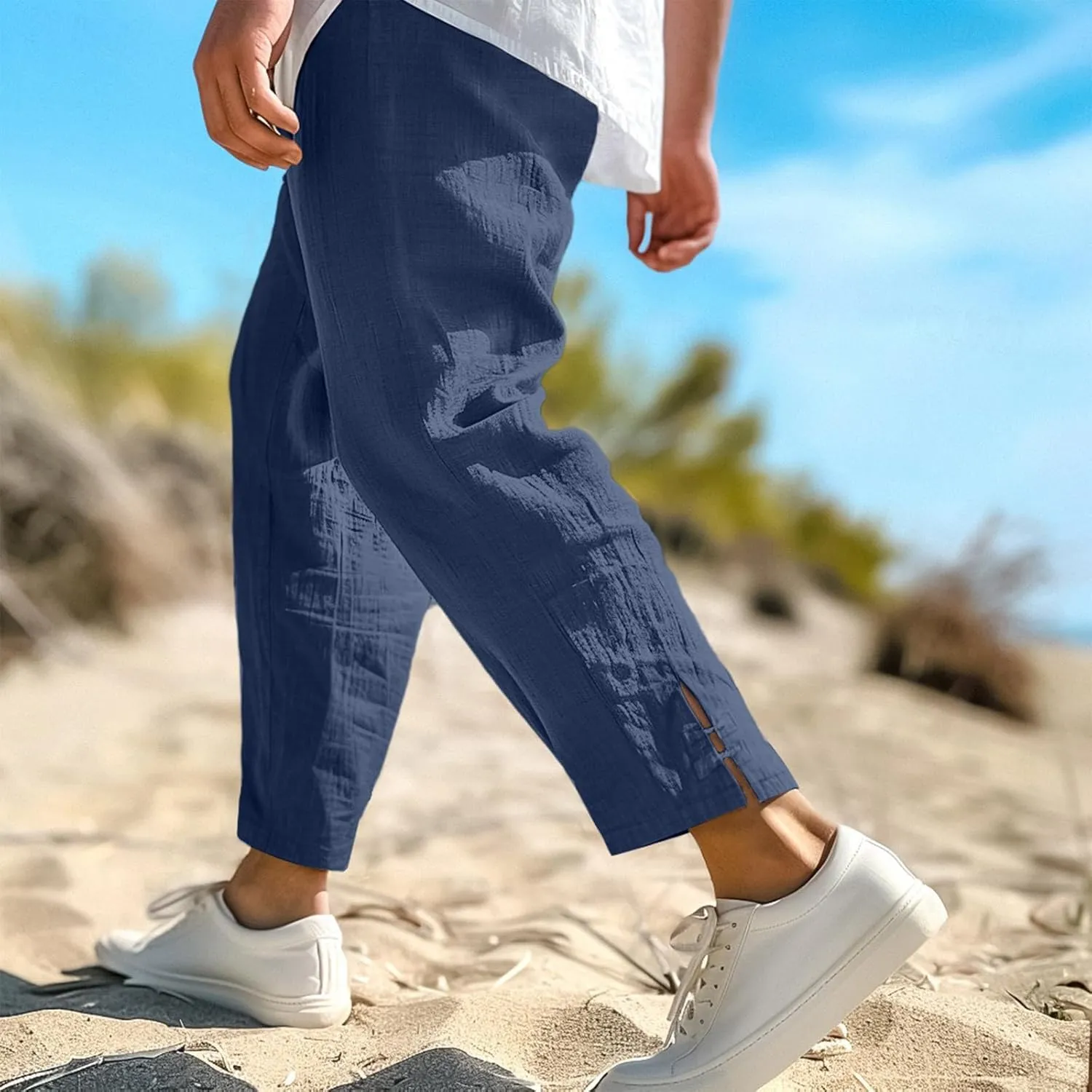 WENKOMG1 Mens Cotton Linen Pants Ankle Length Baggy Style Harem Pants Lightweight Breathable Casual Beach Pants
