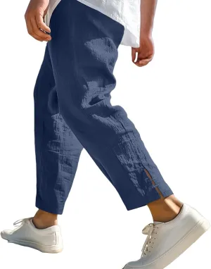 WENKOMG1 Mens Cotton Linen Pants Ankle Length Baggy Style Harem Pants Lightweight Breathable Casual Beach Pants
