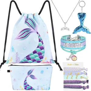 WERNNSAI Mermaid Drawstring Backpack - Mermaid Gifts for Girls Birthday Christmas 9 PCS Drawstring Bags Set Including Makeup Zipper Bag Sequin Key-chain Necklace Bracelet Hair Ties