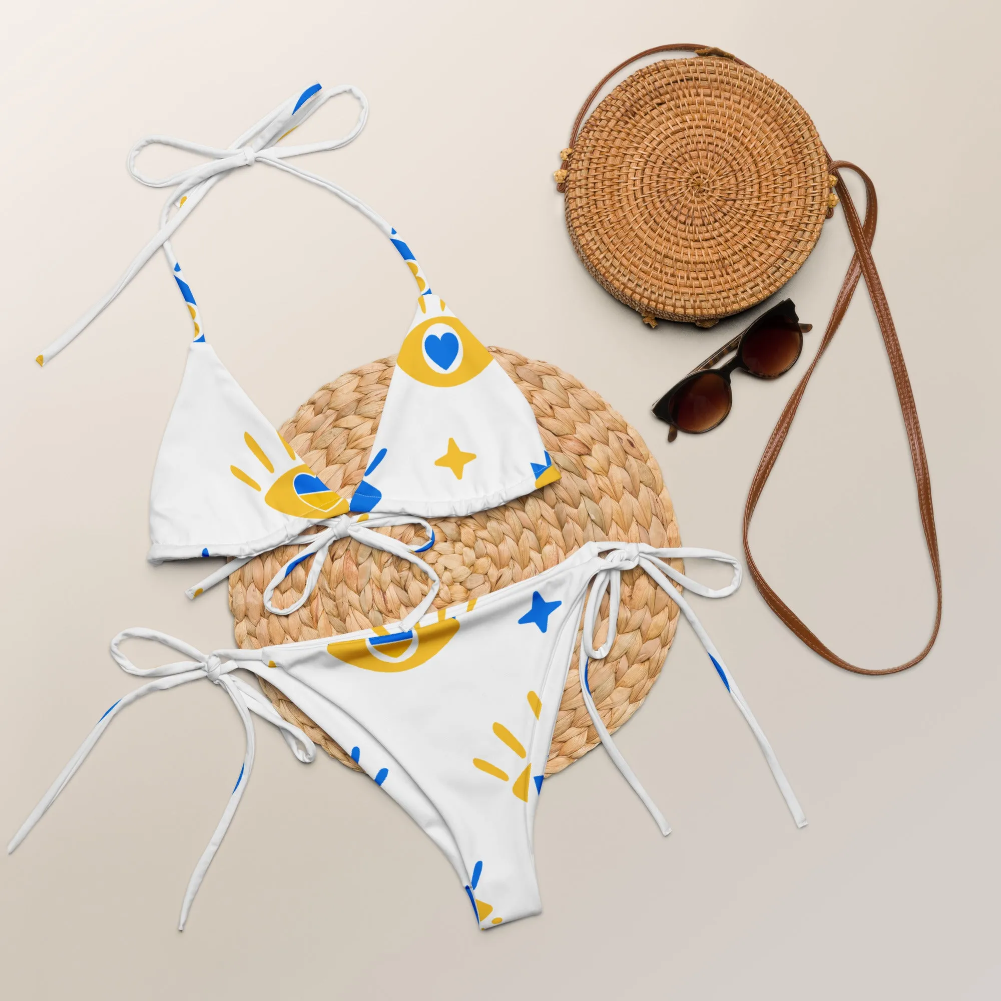 White, Blue, & Yellow Pattern String Bikini by Dumbbells and Hotels