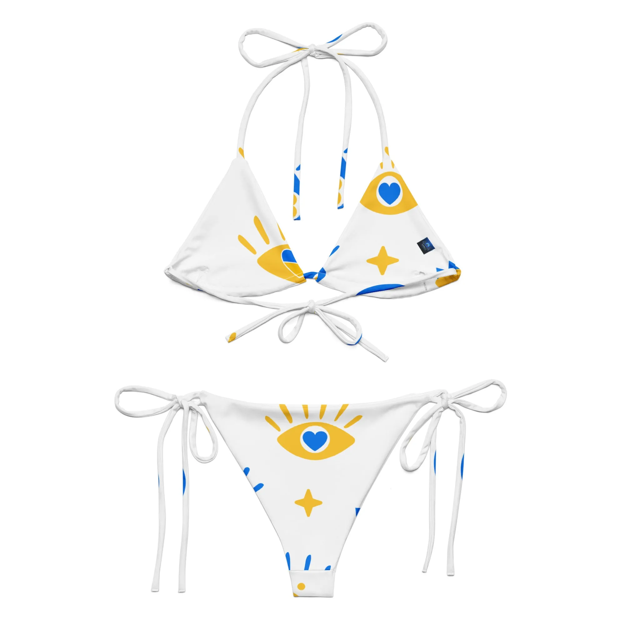 White, Blue, & Yellow Pattern String Bikini by Dumbbells and Hotels