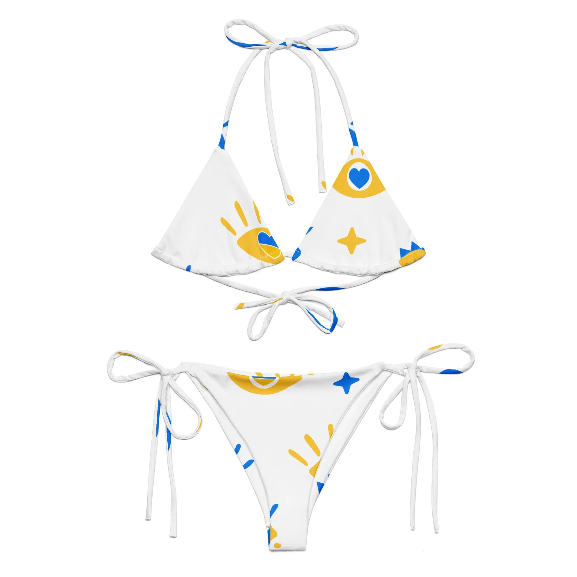 White, Blue, & Yellow Pattern String Bikini by Dumbbells and Hotels