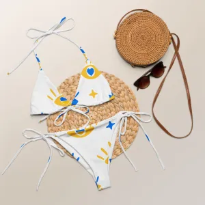 White, Blue, & Yellow Pattern String Bikini by Dumbbells and Hotels