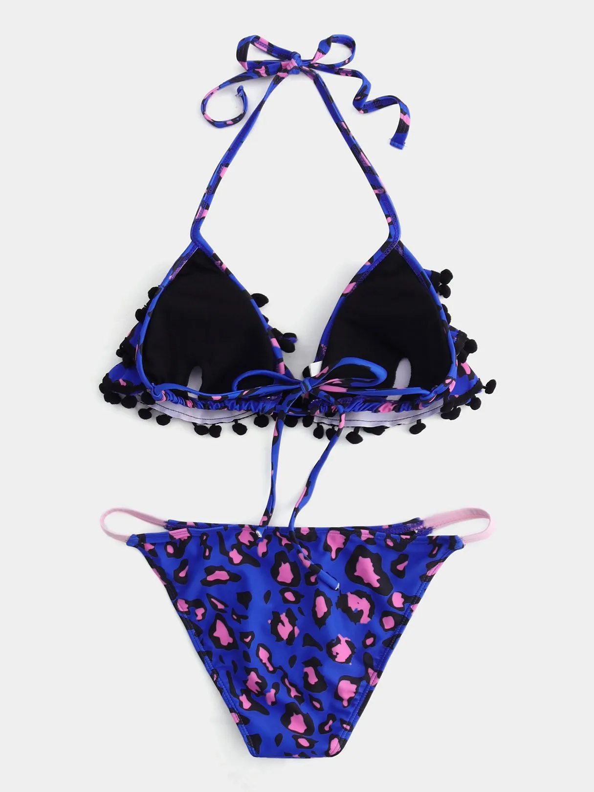 Wholesale Blue Strapless Deep V Neck Sleeveless Floral Print Wireless Ruffle Hem Bikinis