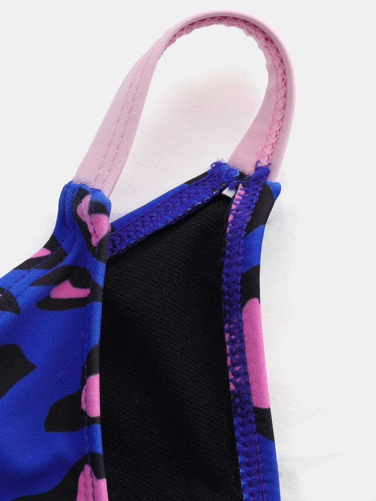 Wholesale Blue Strapless Deep V Neck Sleeveless Floral Print Wireless Ruffle Hem Bikinis