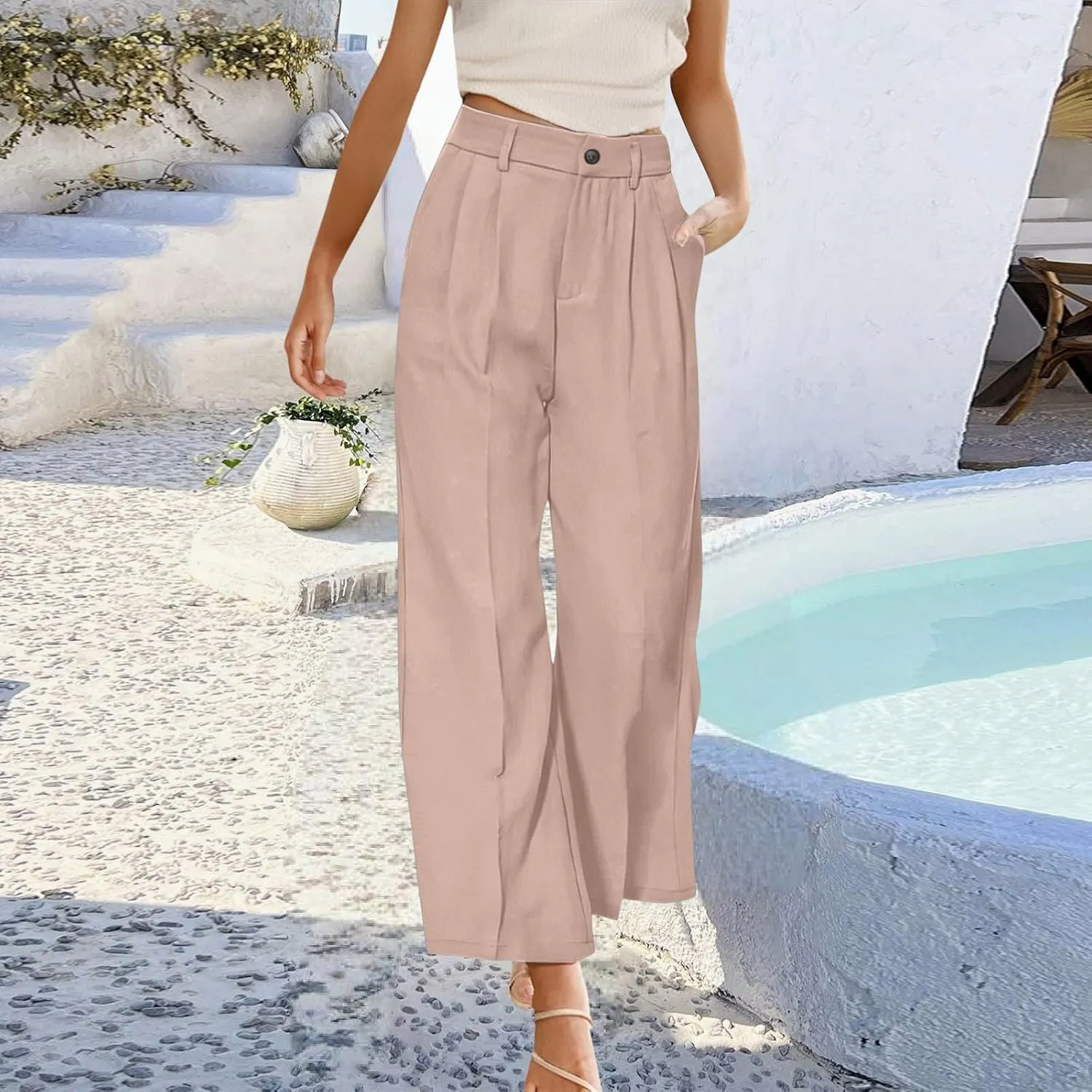 Wide Leg Work Pants for Women Stretchy High Waist Business Office Dressy Casual Slacks Trousers with Pockets