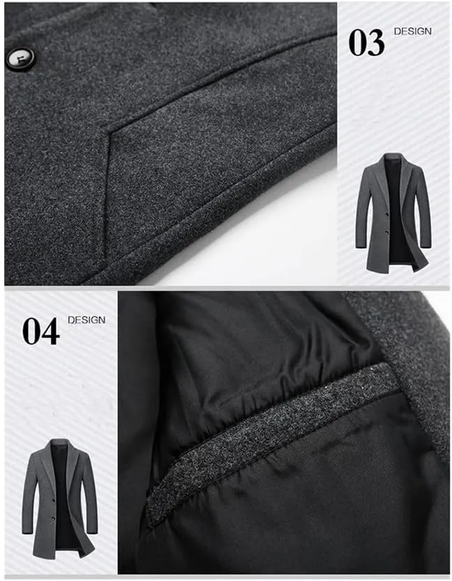 Winter Wool Jackets Men Wool Blends Casual Slim Outwear Black Wool Long Trench Coat