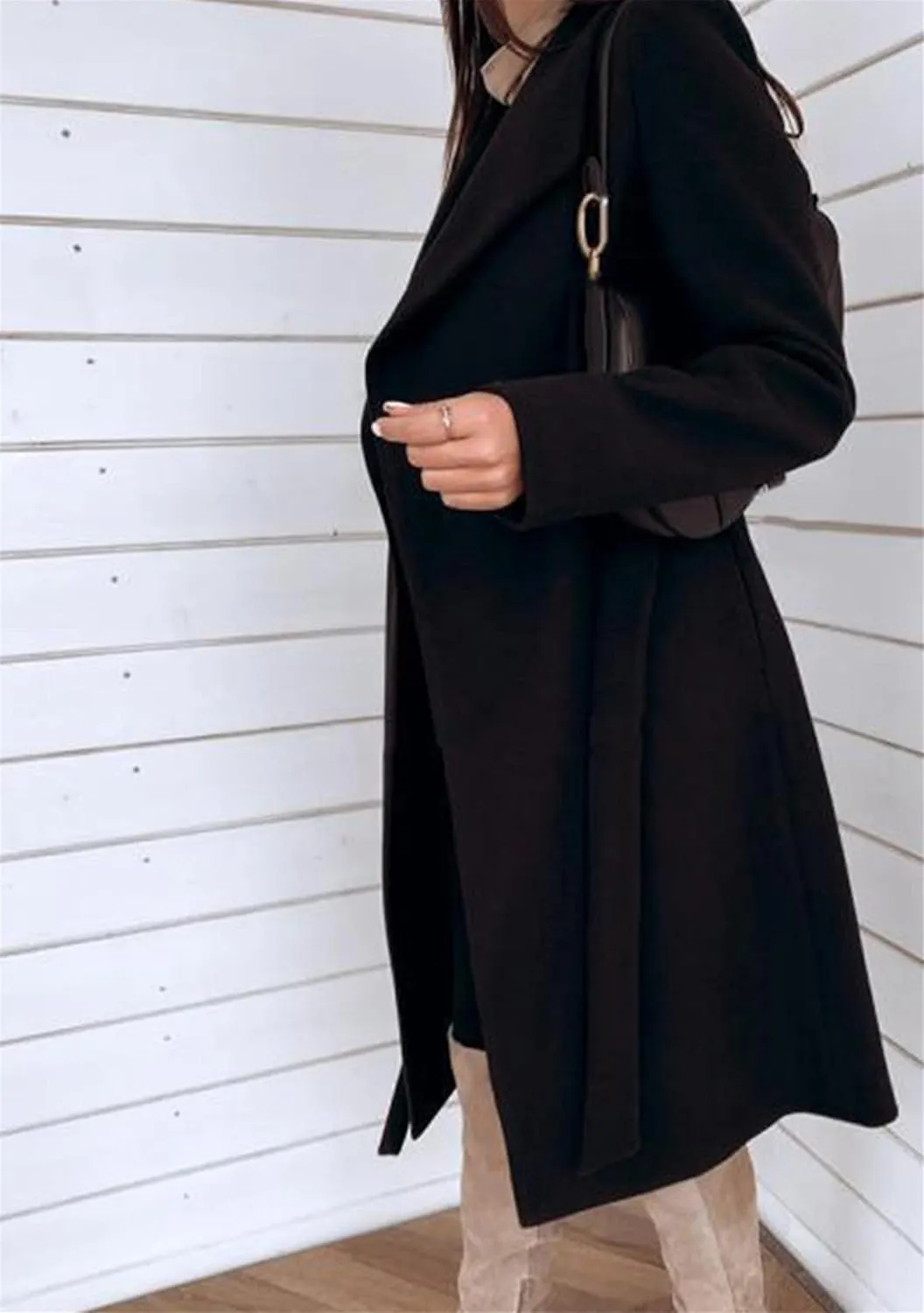 WIWIQS Women's Elegant Long Sleeve Wool Blend Pea Coat Open Front Mid-Long Overcoat