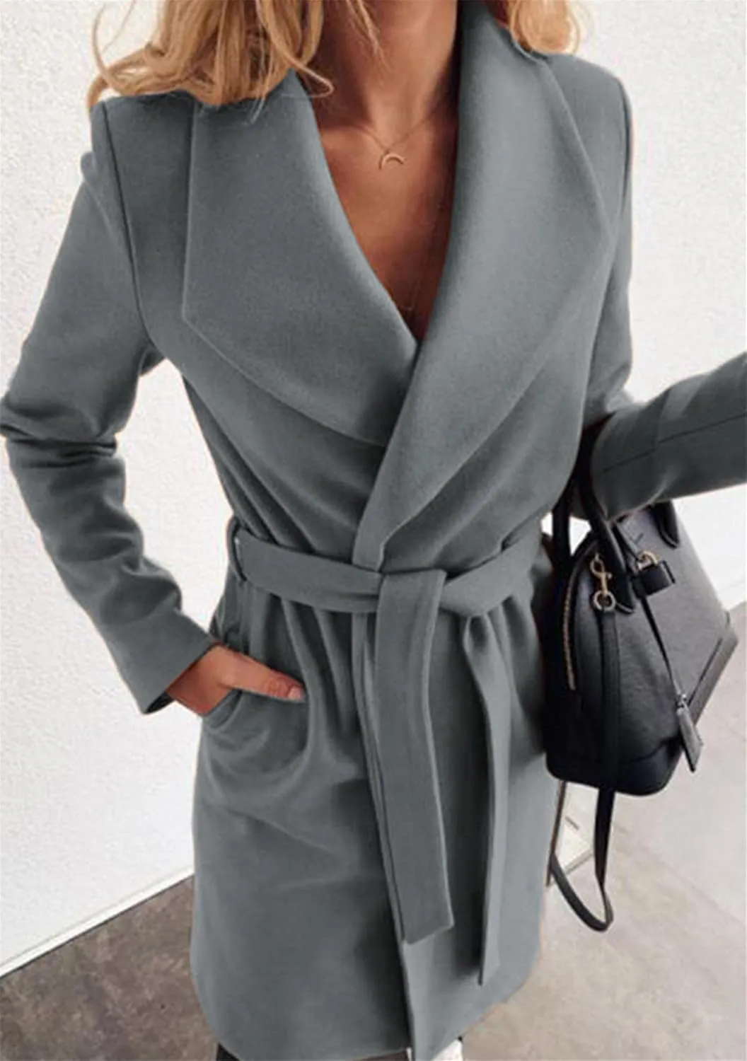 WIWIQS Women's Elegant Long Sleeve Wool Blend Pea Coat Open Front Mid-Long Overcoat