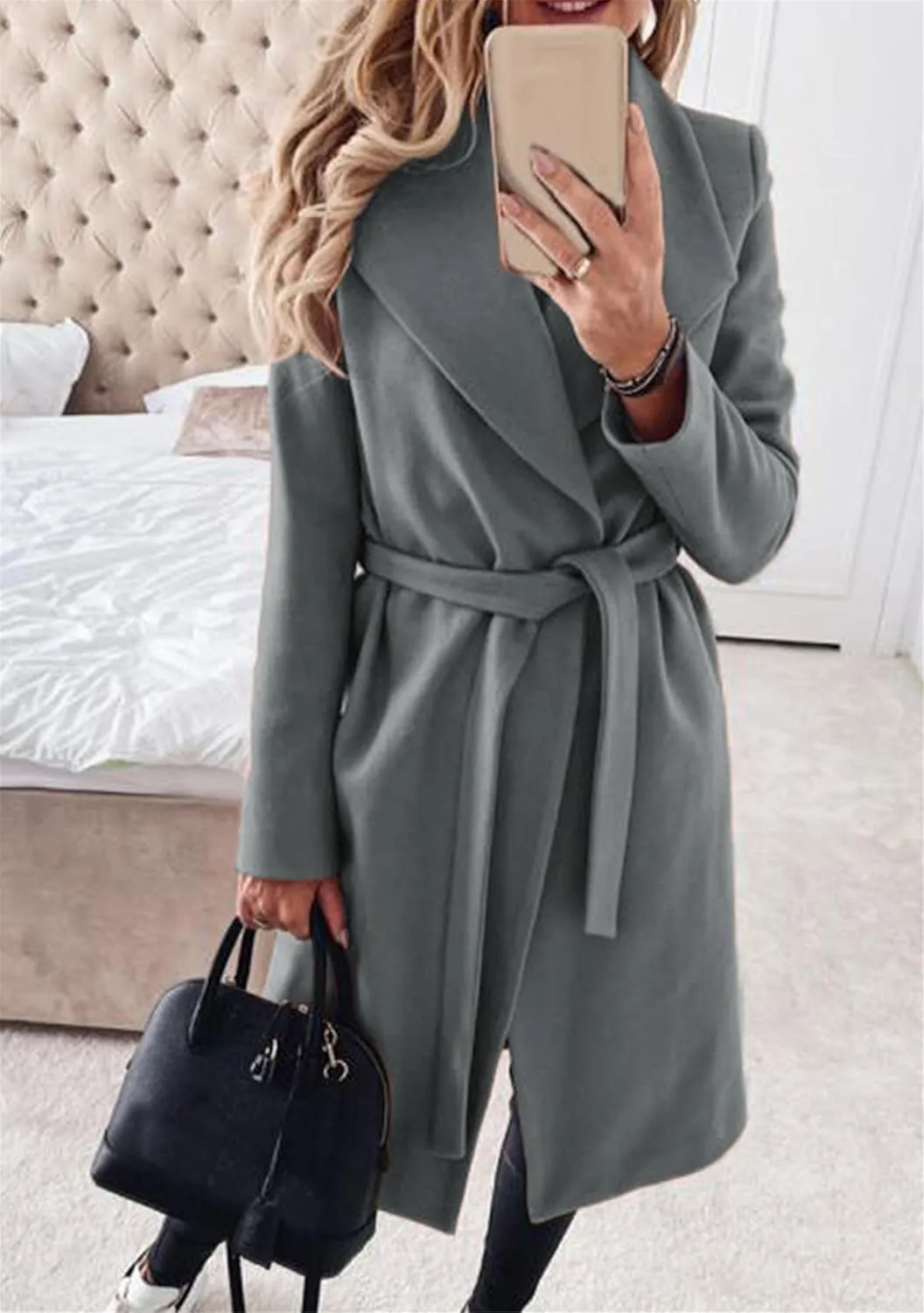 WIWIQS Women's Elegant Long Sleeve Wool Blend Pea Coat Open Front Mid-Long Overcoat