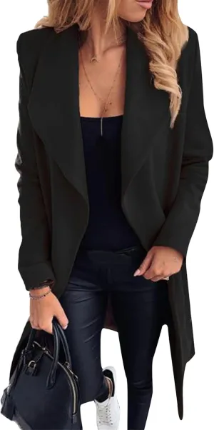 WIWIQS Women's Elegant Long Sleeve Wool Blend Pea Coat Open Front Mid-Long Overcoat