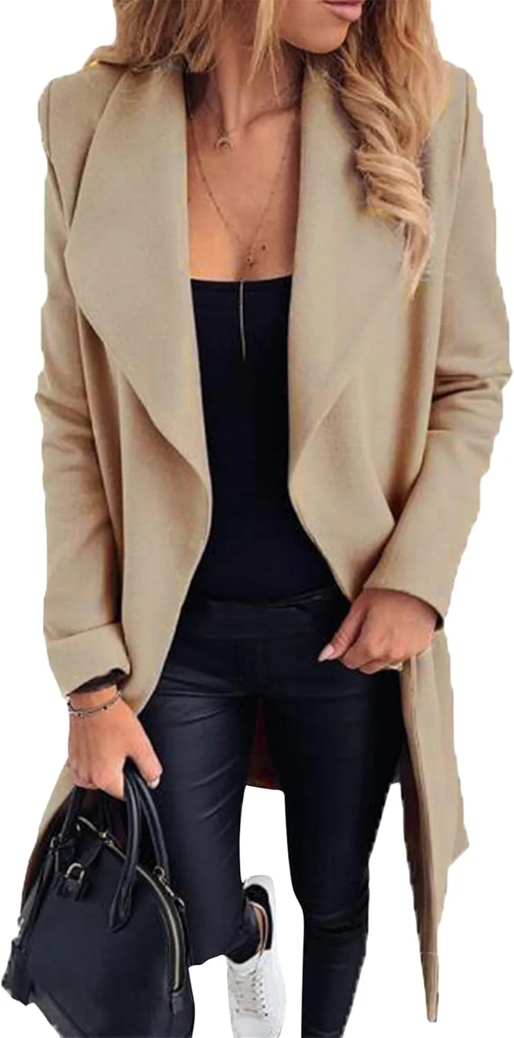 WIWIQS Women's Elegant Long Sleeve Wool Blend Pea Coat Open Front Mid-Long Overcoat