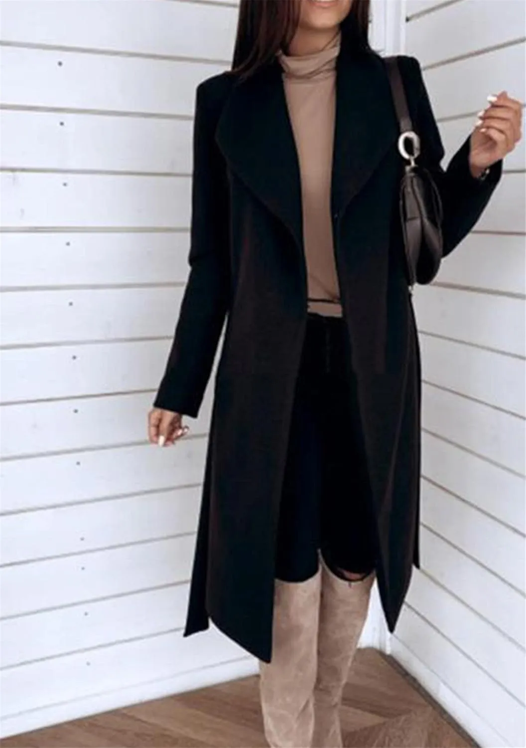 WIWIQS Women's Elegant Long Sleeve Wool Blend Pea Coat Open Front Mid-Long Overcoat