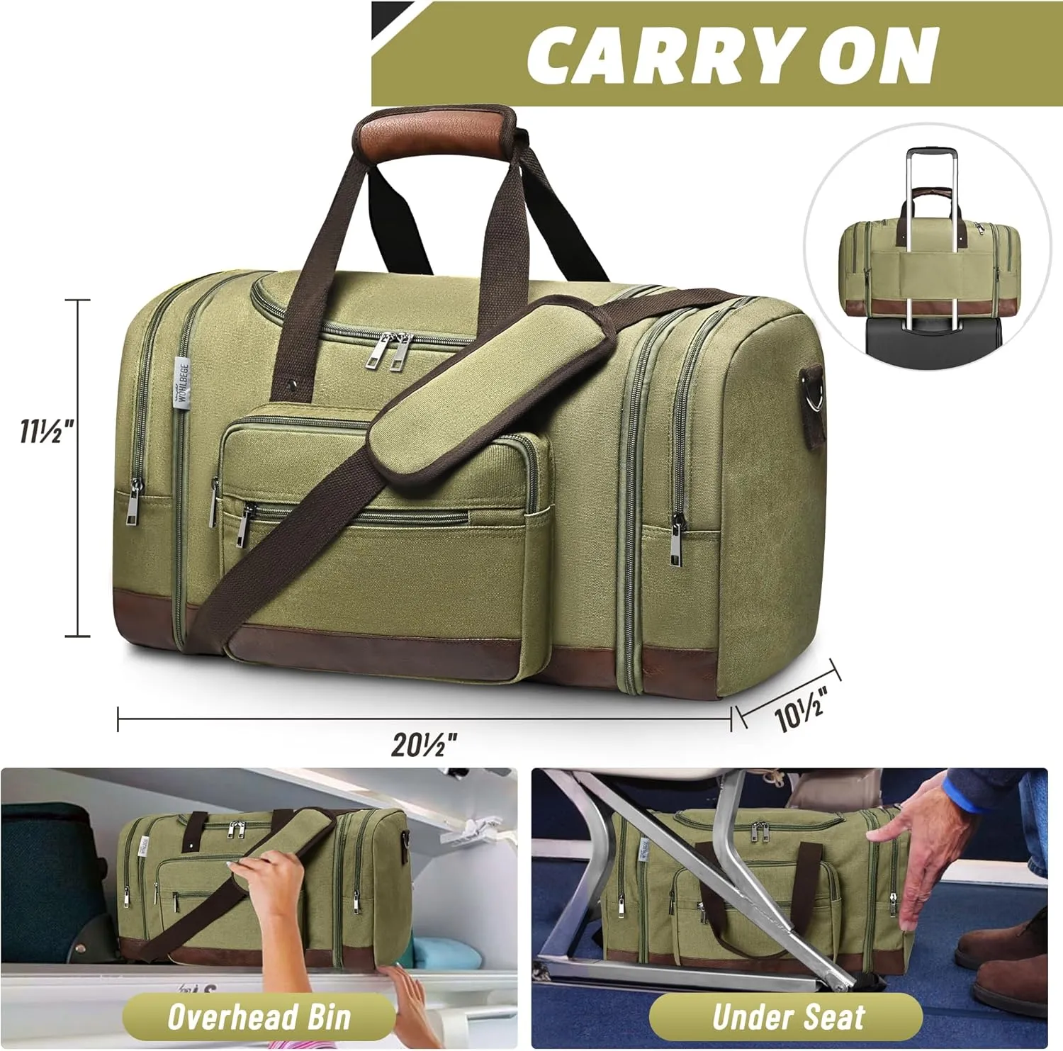 Wolhbege Duffle Bag for Travel,Mens Travel Bag & Carry On Bag for Men with Expandable Design and Luggage Sleeve Duffel Bag for Gym, Weekender, Overnight Trips Green