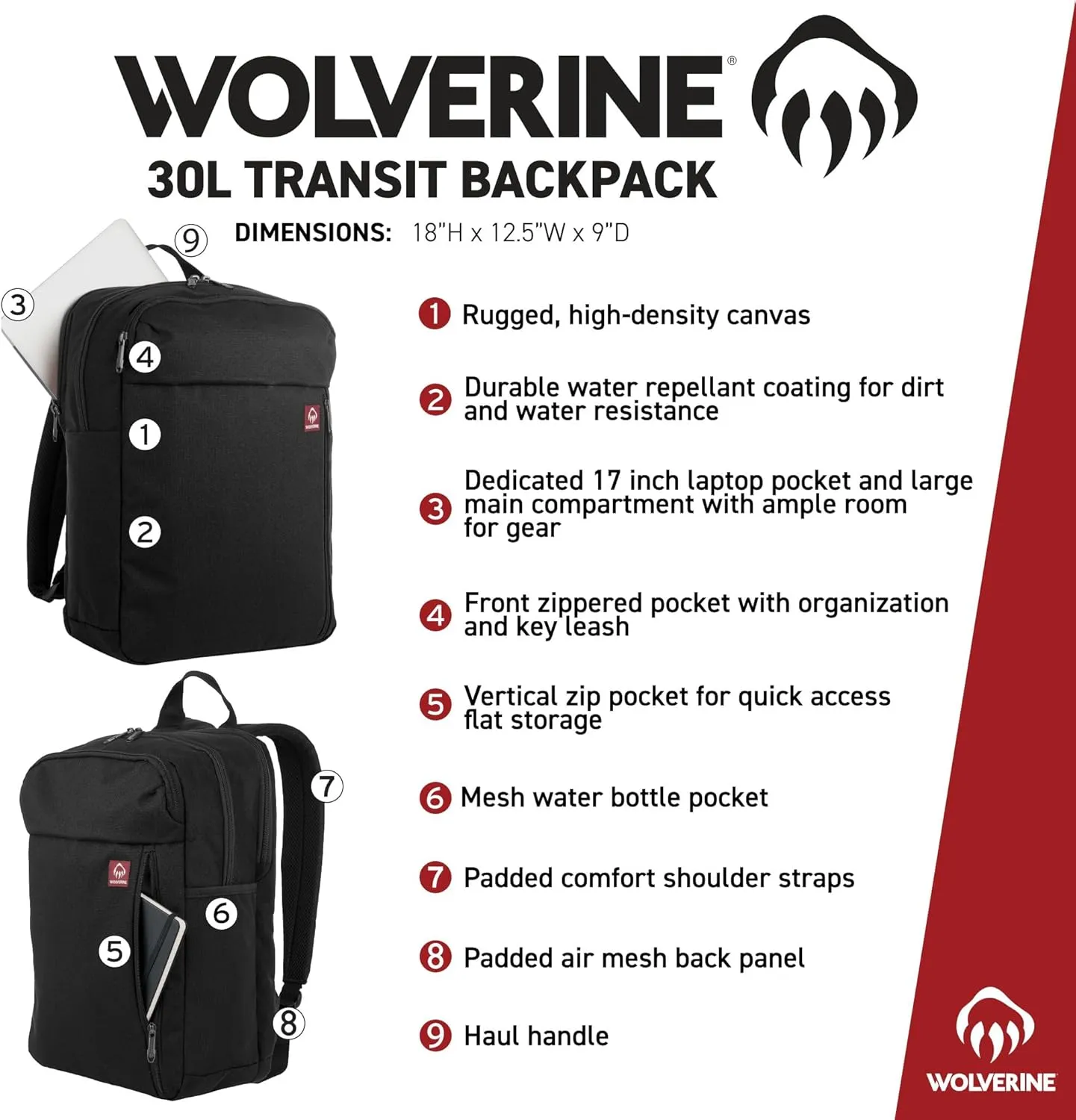 WOLVERINE Lightweight, Water Resistant Rugged Laptop Backpack for Travel or Work, Transit-Black, 30L
