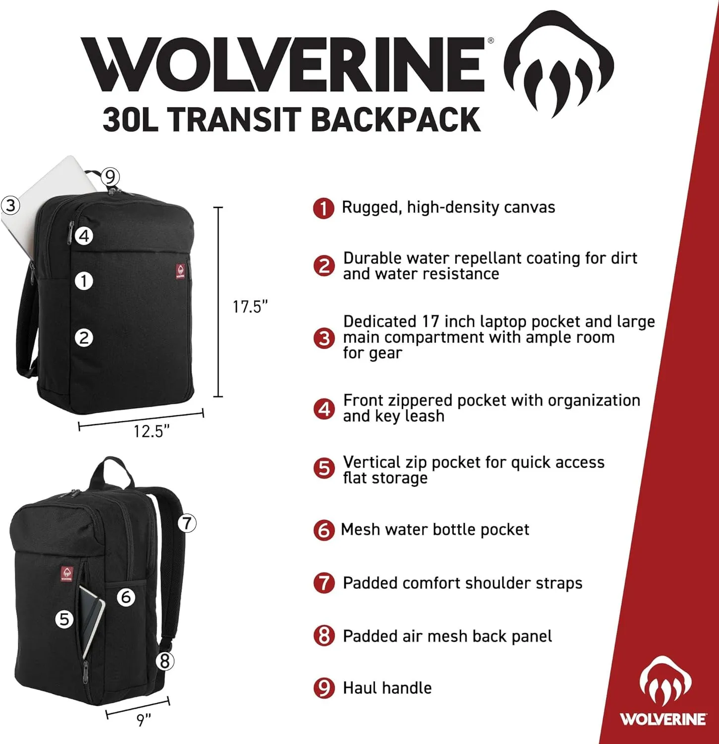 WOLVERINE Lightweight, Water Resistant Rugged Laptop Backpack for Travel or Work, Transit-Black, 30L