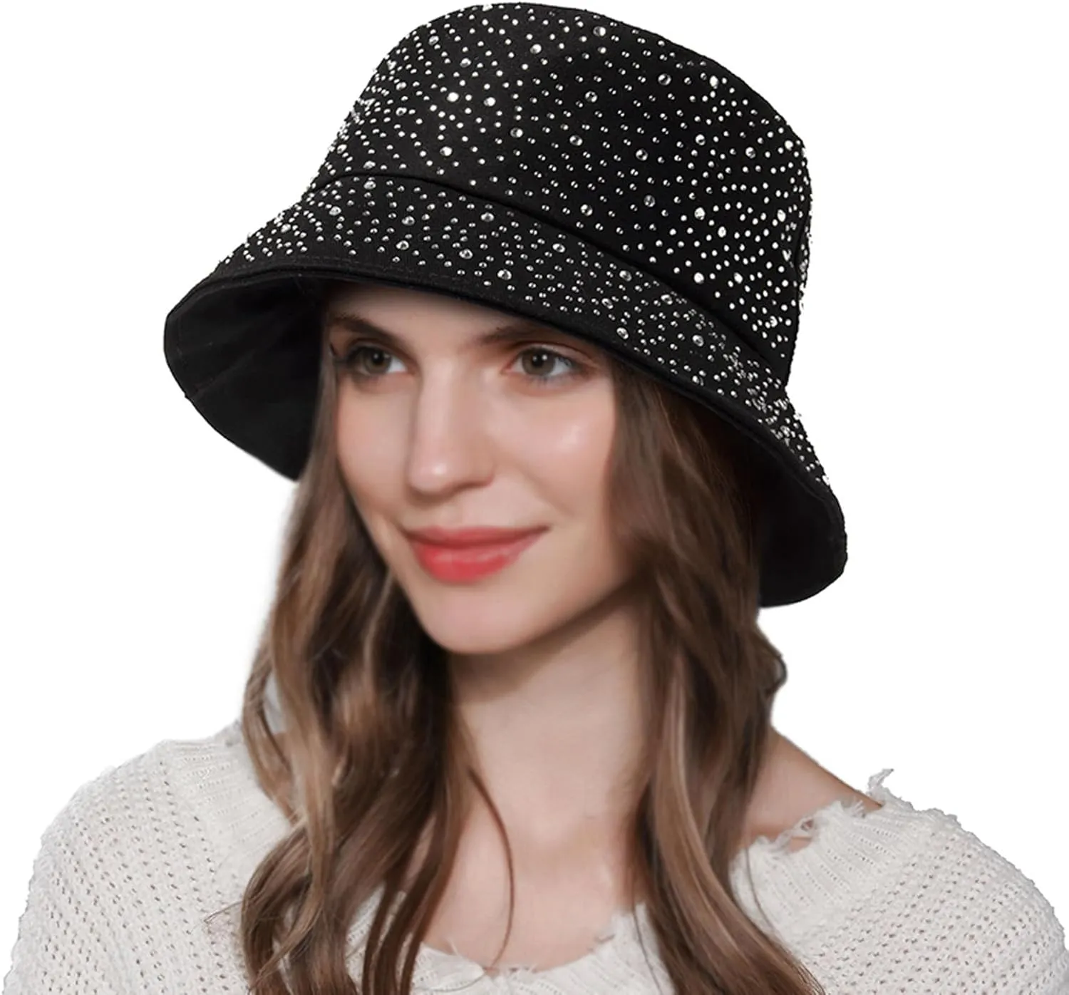Women Bling Bucket Hat Studded Sparkle Shiny Crystal Bucket Sun Hat Packable Summer Outdoor Cap for Girls Teens Travel