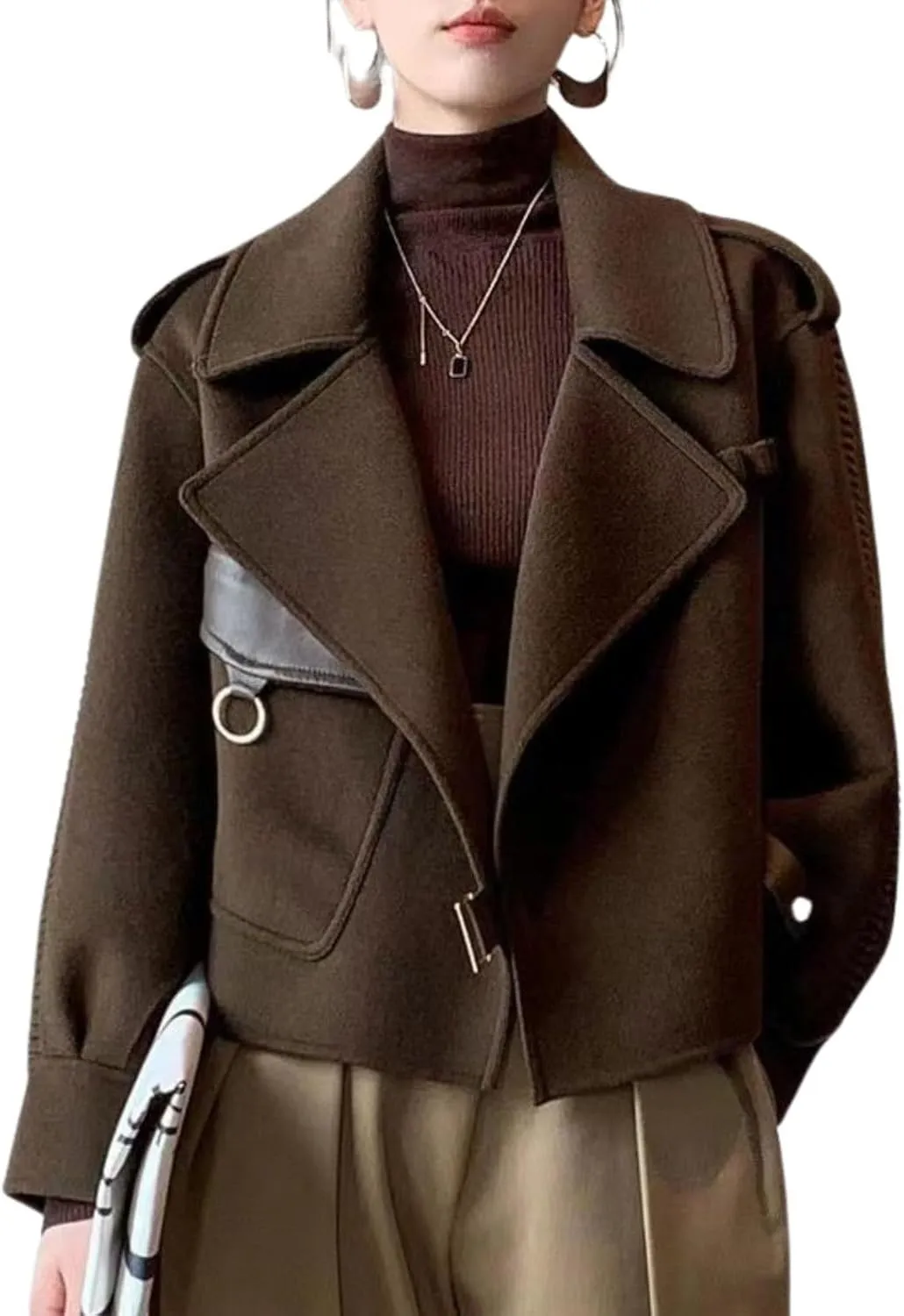 Women Cropped Wool Coats 2024 Fall Winter Warm Pea Coat Notched Lapel Open Front Trench Overcoat Jackets