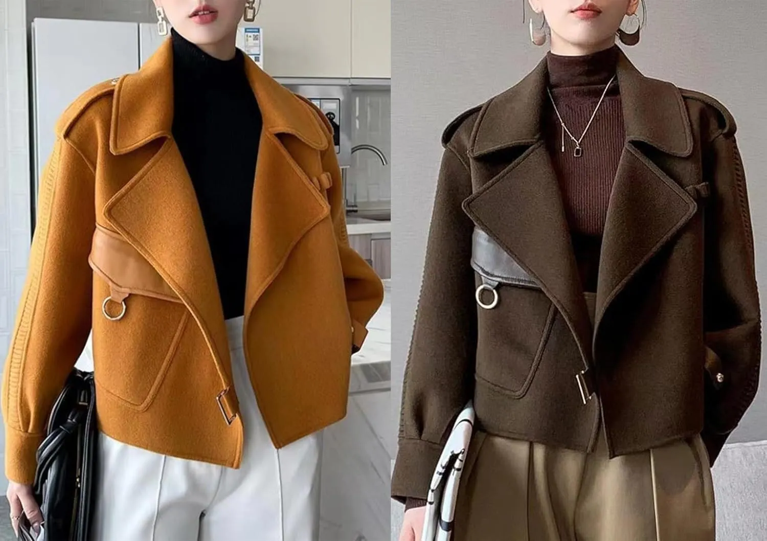 Women Cropped Wool Coats 2024 Fall Winter Warm Pea Coat Notched Lapel Open Front Trench Overcoat Jackets