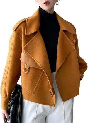 Women Cropped Wool Coats 2024 Fall Winter Warm Pea Coat Notched Lapel Open Front Trench Overcoat Jackets