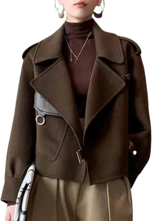 Women Cropped Wool Coats 2024 Fall Winter Warm Pea Coat Notched Lapel Open Front Trench Overcoat Jackets