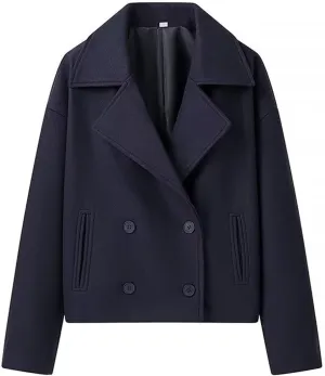 Women Cropped Wool Coats, Fall Winter Casual Business Wool Blend Coat, Solid Blazer Coat