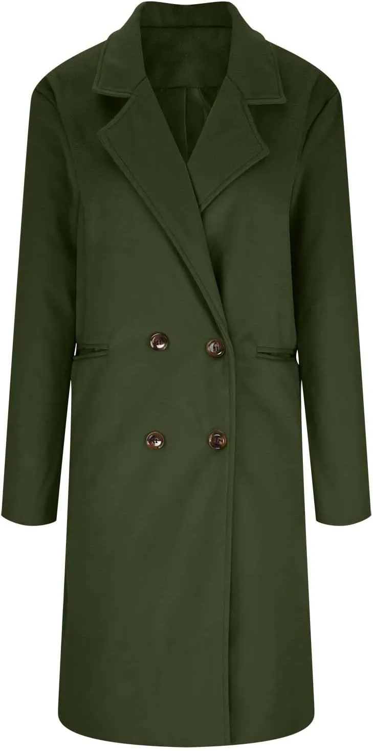 Women Elegant Notched Collar Double Breasted Pockets Wool Blend Over Coat Fall Winter Casual Peacoat Midi Trench Coats