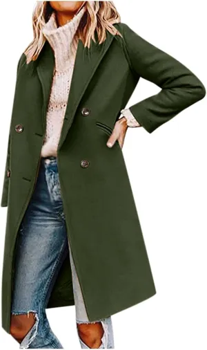 Women Elegant Notched Collar Double Breasted Pockets Wool Blend Over Coat Fall Winter Casual Peacoat Midi Trench Coats
